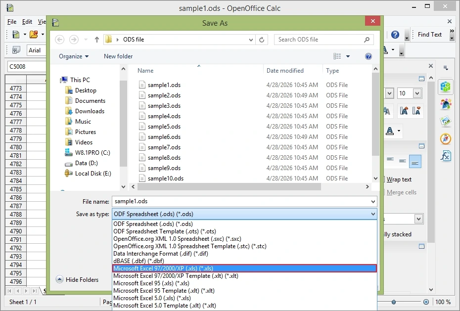 choose xls option in save as type