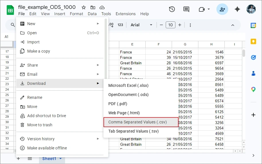 download comma seperated values
