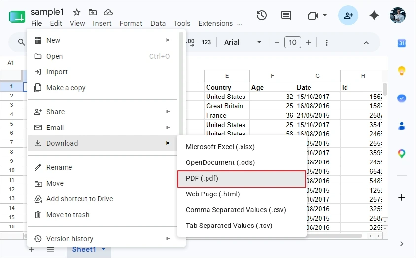 google sheets and choose pdf