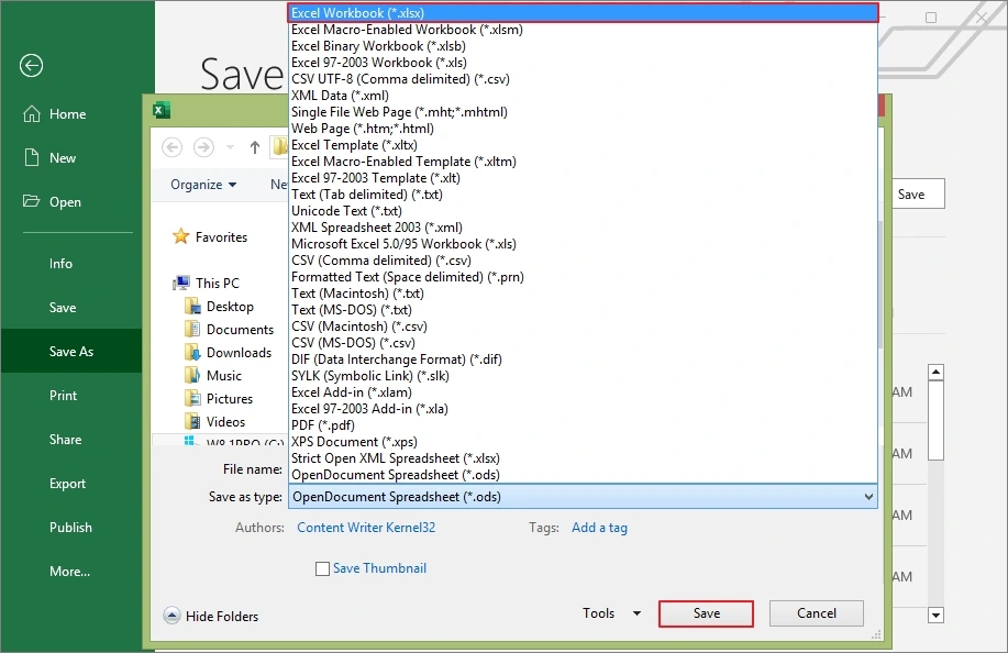 select spreadsheet workbook