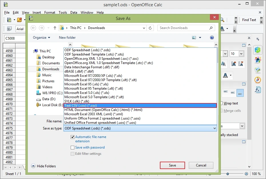 text csv in openoffice