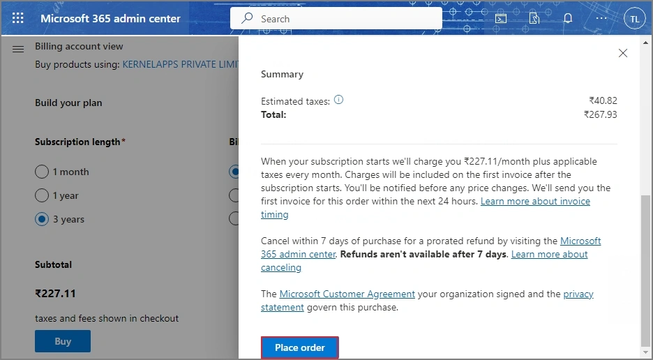 place Microsoft 365 extra file storage add on order