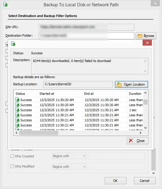 Click Open Location to view the backup file