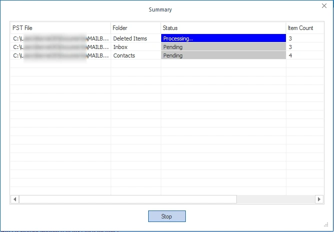 The tool will begin processing the mailbox migration