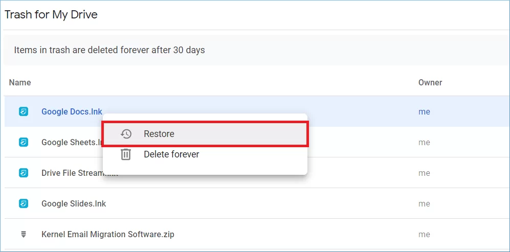 choose the Restore option