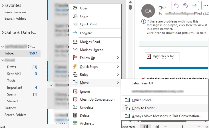 Copy emails in Outlook