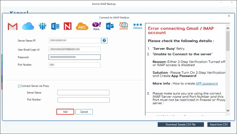 Enter details like Server Name, User Email, Password, and Port Number