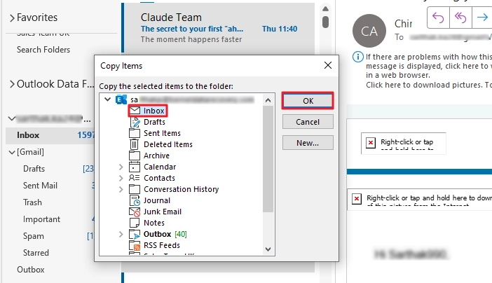 Select the Microsoft 365 mailbox folder