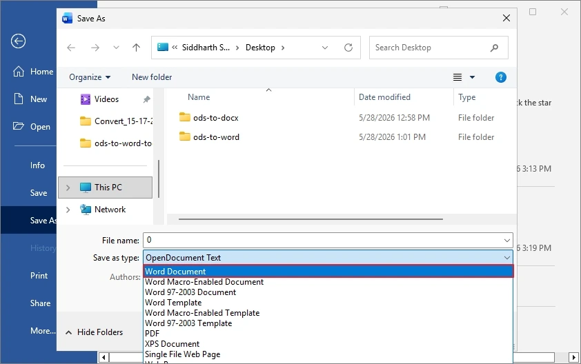 convert ods to word via word