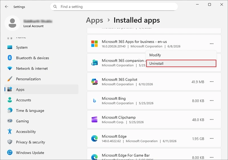 Click on Uninstall Microsoft 365 Suite