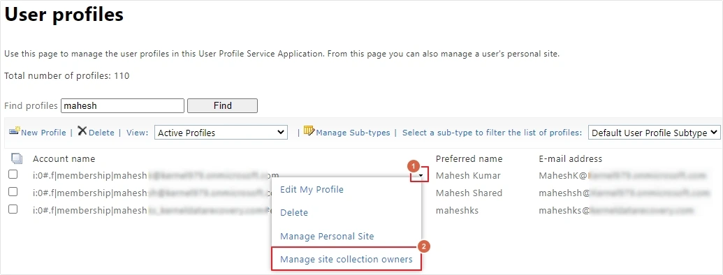 click manage site collection owners
