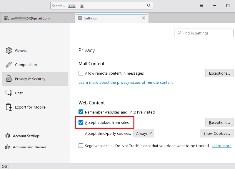 Accept cookies from sites