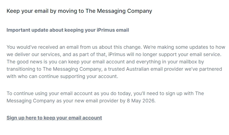 iPrimus will no longer support your email service