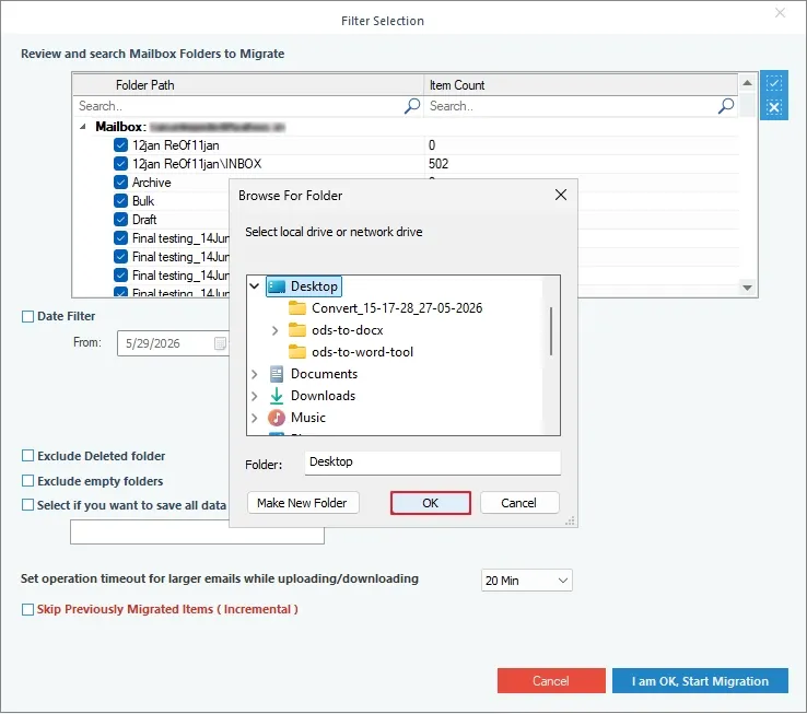  Choose a destination folder to save the Telenet webmail email