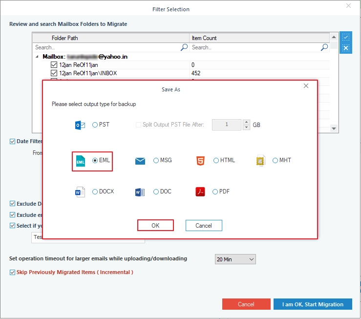 Select output type as EML file