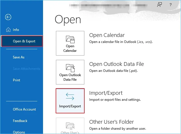 click import export in outlook
