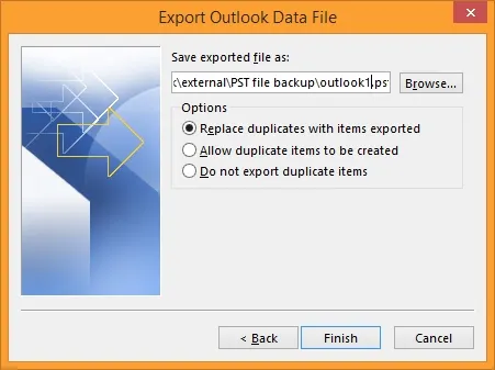 Click Browse to save PST