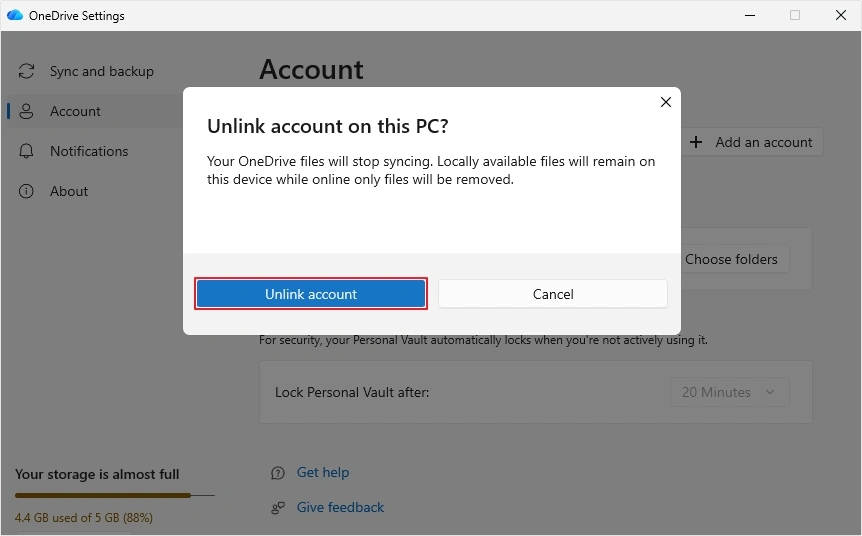 click unlink account