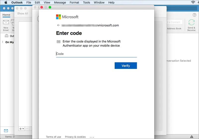 Enter multi factor authentication code and verify