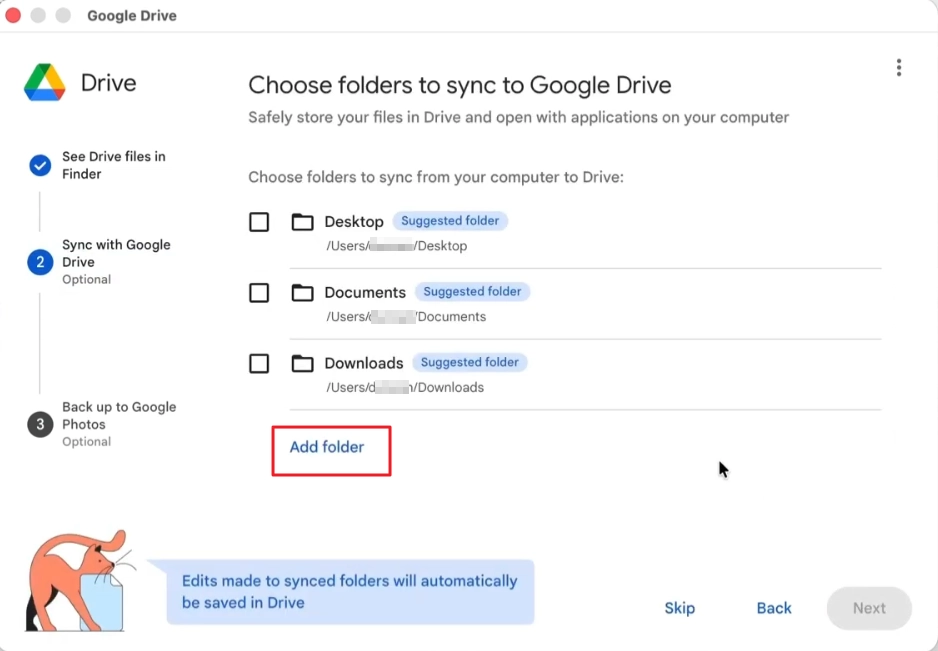 Choose the specific folder to sync with Google Drive