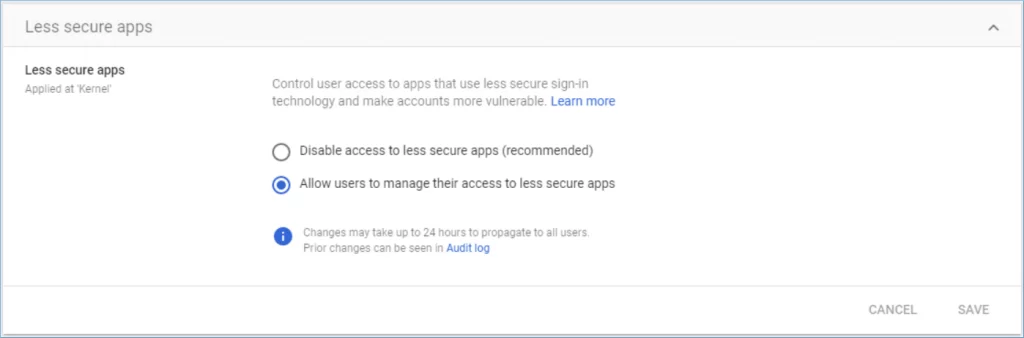 Allow users to manage their access to less secure apps