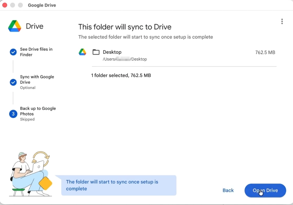 Click the Open Drive button to sync folder to Google Drive
