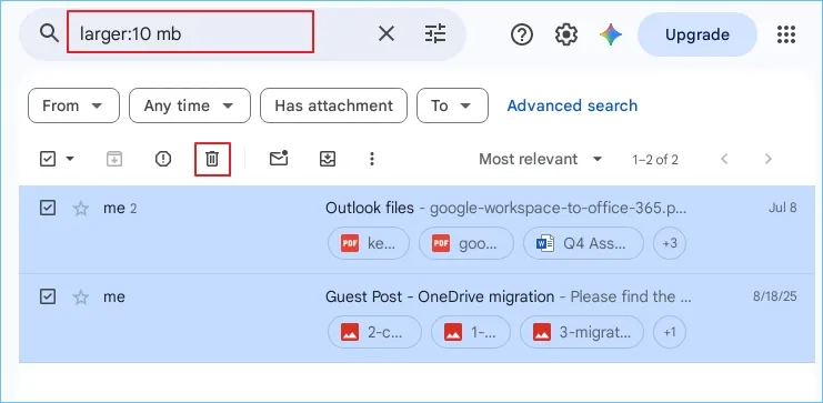 Enter larger: 10MB in the search bar