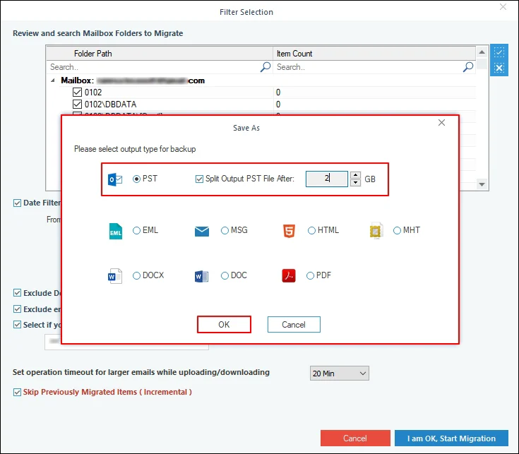 Select PST as output type