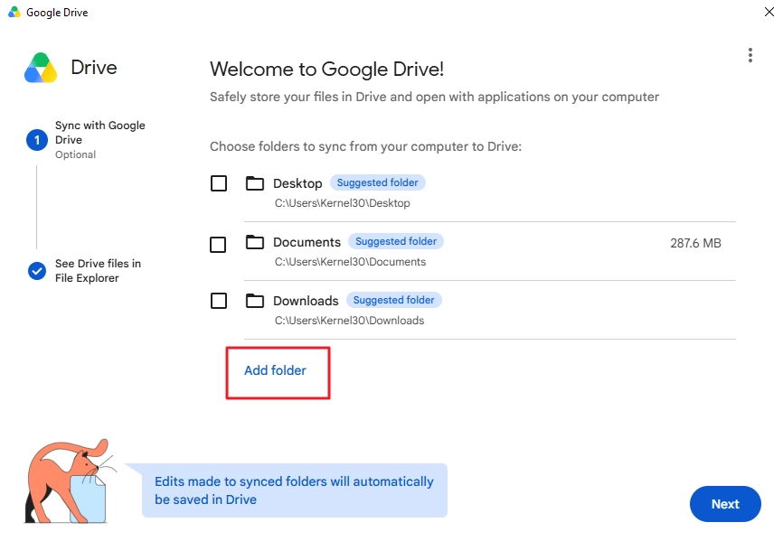Select the folder to sync