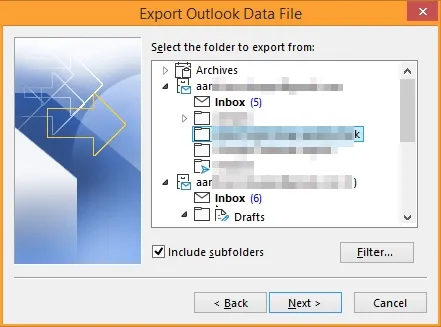 Select the mailbox folders and then provide destination