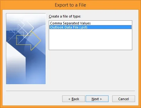 Choose Outlook Data File (.pst) as output type