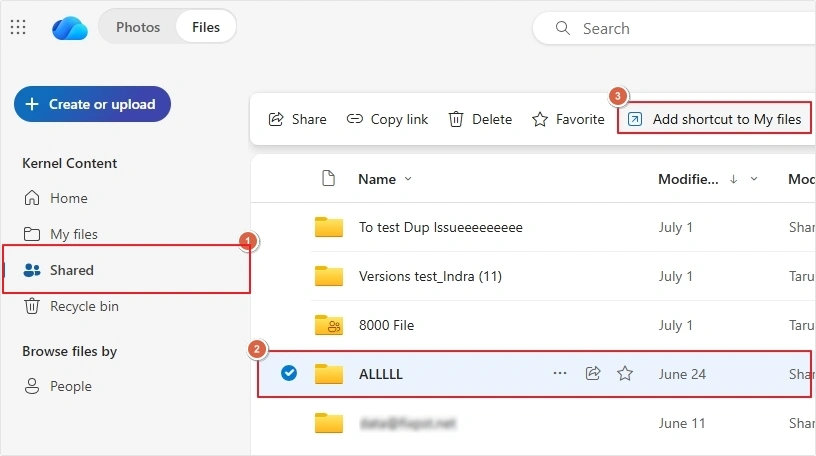 click add shortcut to my files