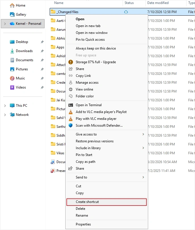 click create shortcut