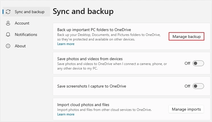click manage backup