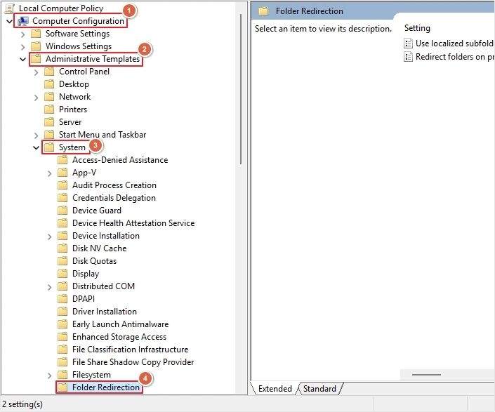 navigate to folder redirection