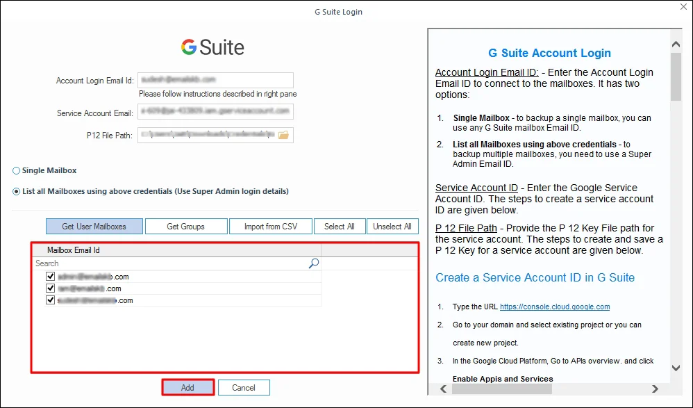 Enter credentials and add Mailboxes