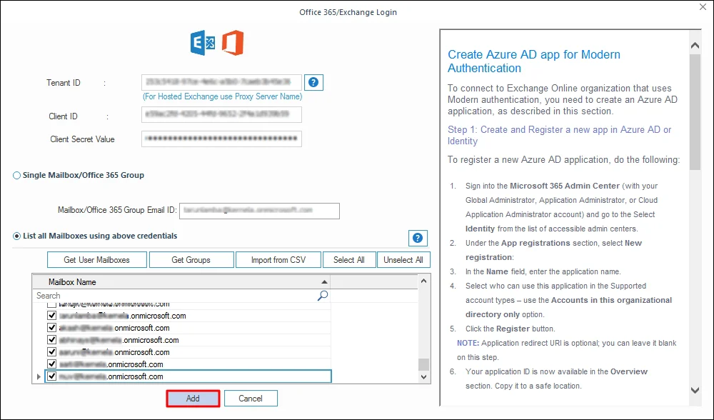 Enter Office 365 credentials for adding mailboxes