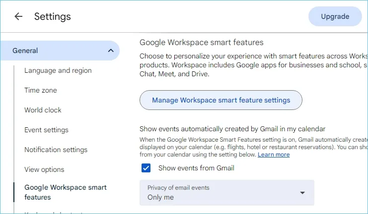 Select Show events from Gmail and Adjust the Privacy of email