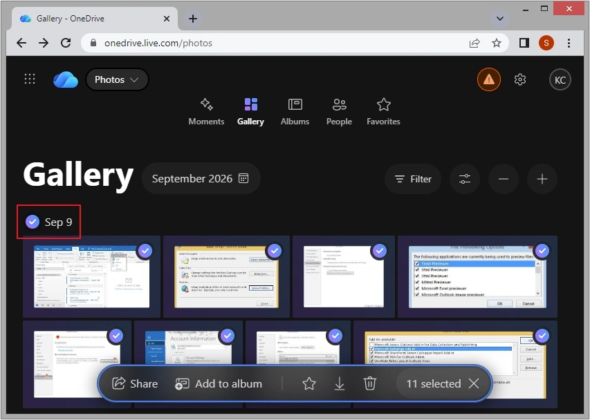 select all  photos in onedrive with date group selection