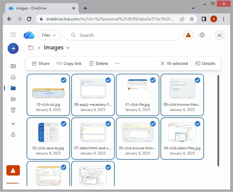 press ctrl A to select multiple photos in onedrive