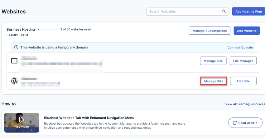Click Manage Site