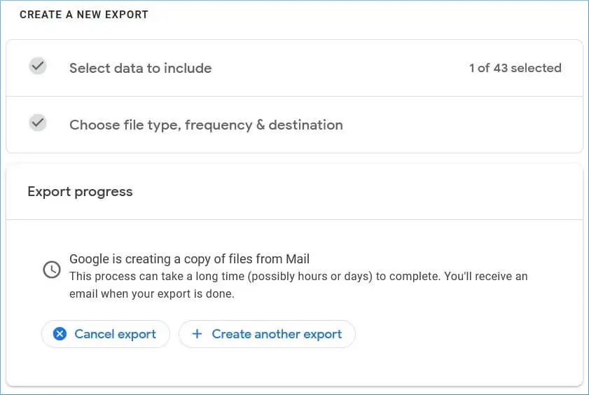 Google is creating the export file