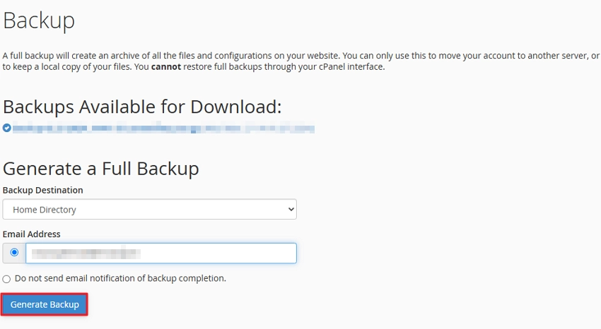 select the Home Directory for Backup Destination