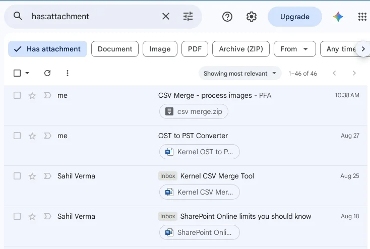 Search emails with attachments