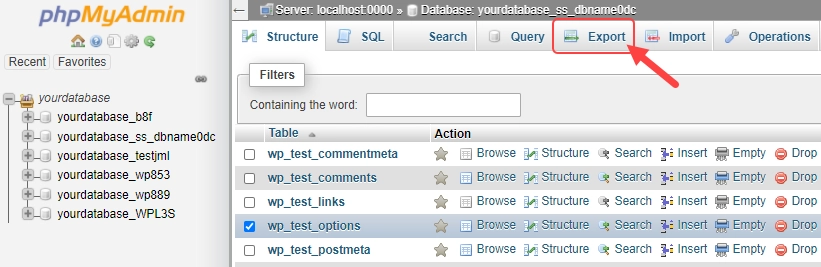 Select the database to export