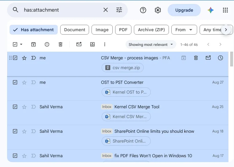 Select all emails with attachments