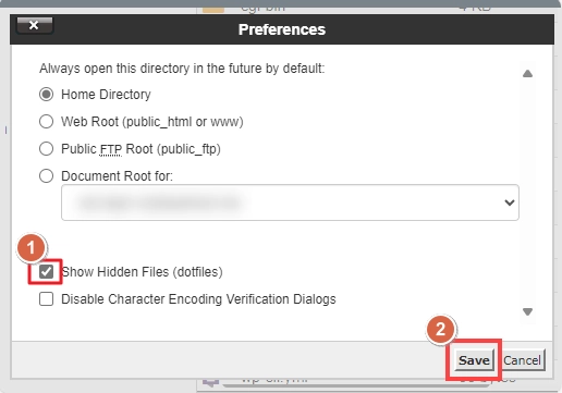 Choose the Show Hidden Files (dotfiles) option