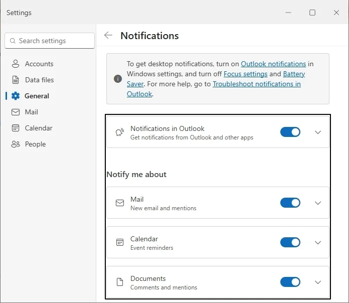 enable outlook notifications