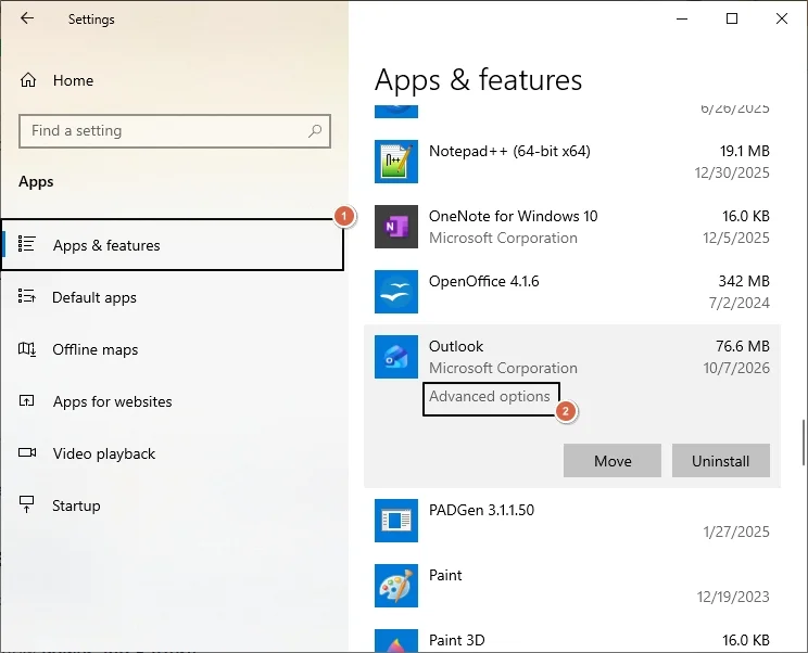 click advanced options under outlook