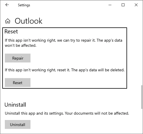 repair or reset outlook application